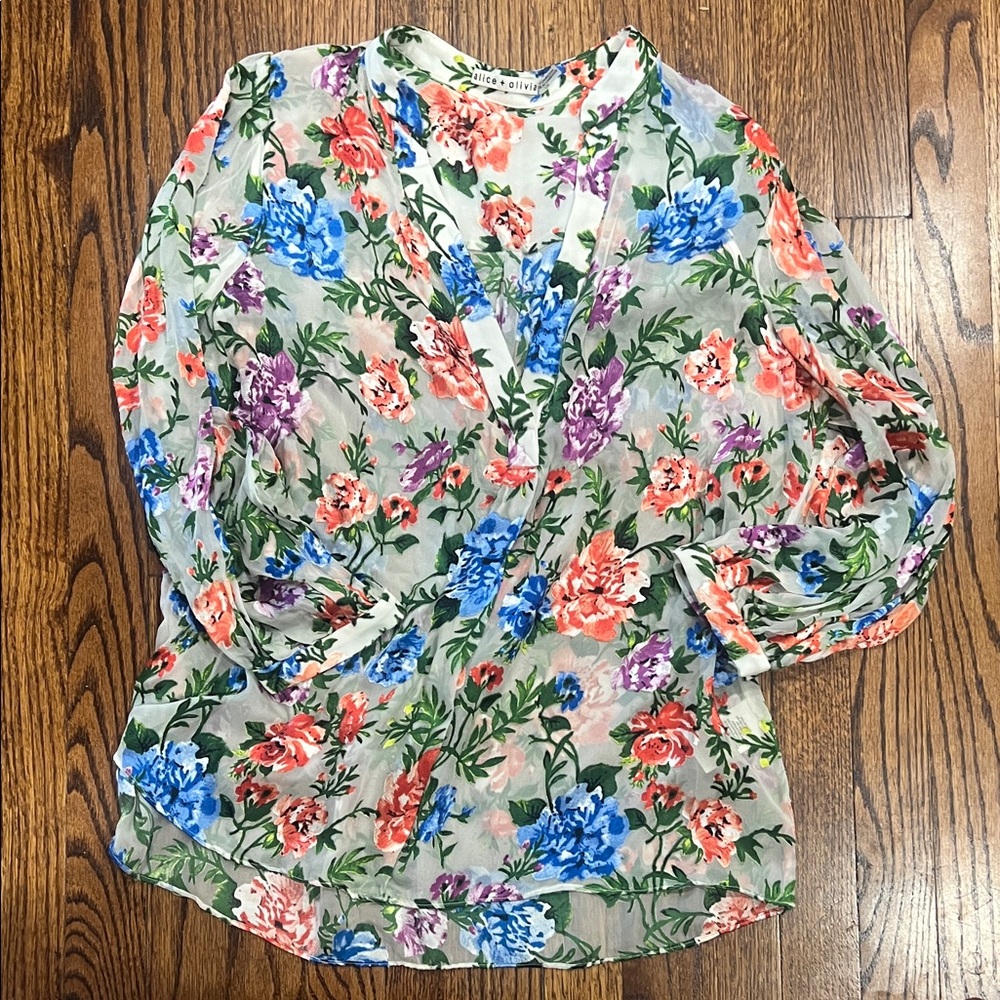 Alice + Olivia Multicolor Floral Sheer V-Neck Blouse